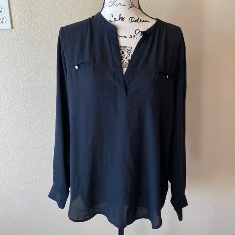 Semi sheer black top with gold accent
